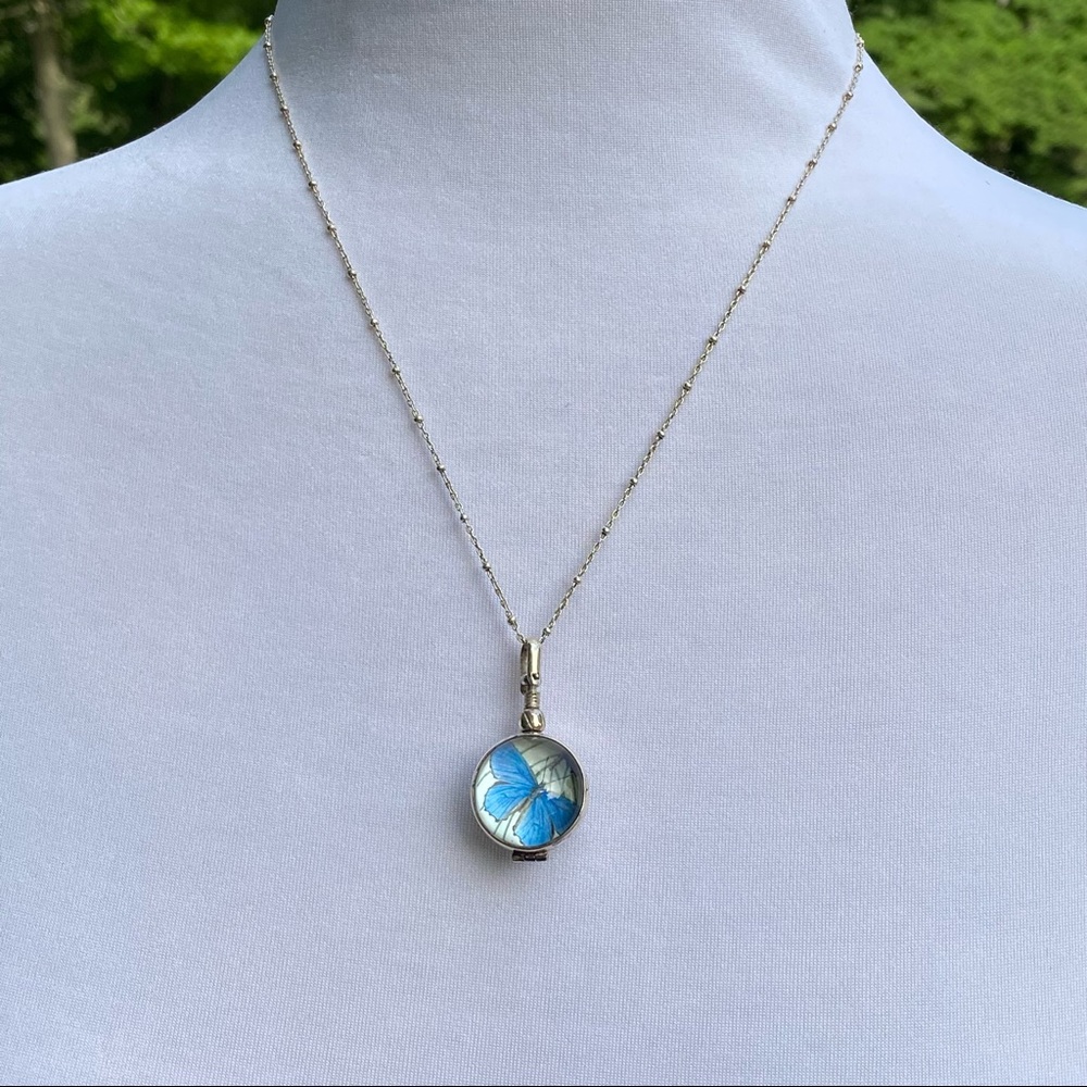 NECKLACE CHAIN 16” STERLING SILVER 925 ROUND GLASS LOCKET DOUBLE SIDED BUTTERFLY